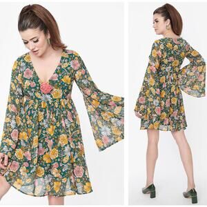 Unique Vintage Floral Mini Dress - Green, Yellow, Pink